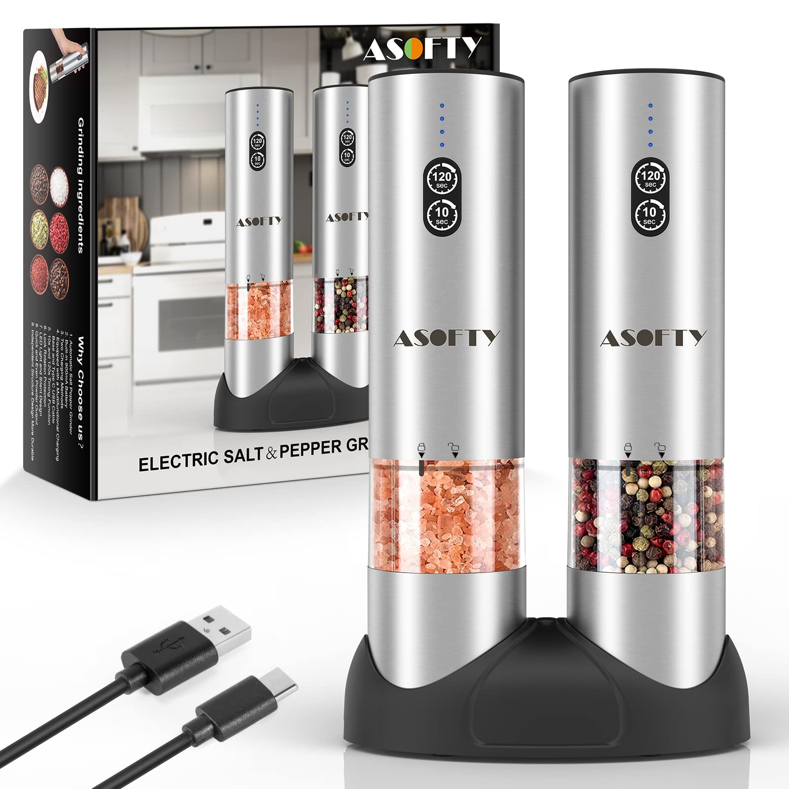 Rechargeable Electric Salt and Pepper Grinder Set, ASOFTY Dual Charging Smart Timing Automatic Salt Pepper Mill with Charging Base, LED Light, Adjustable Coarseness, Refillable, Stainless Steel