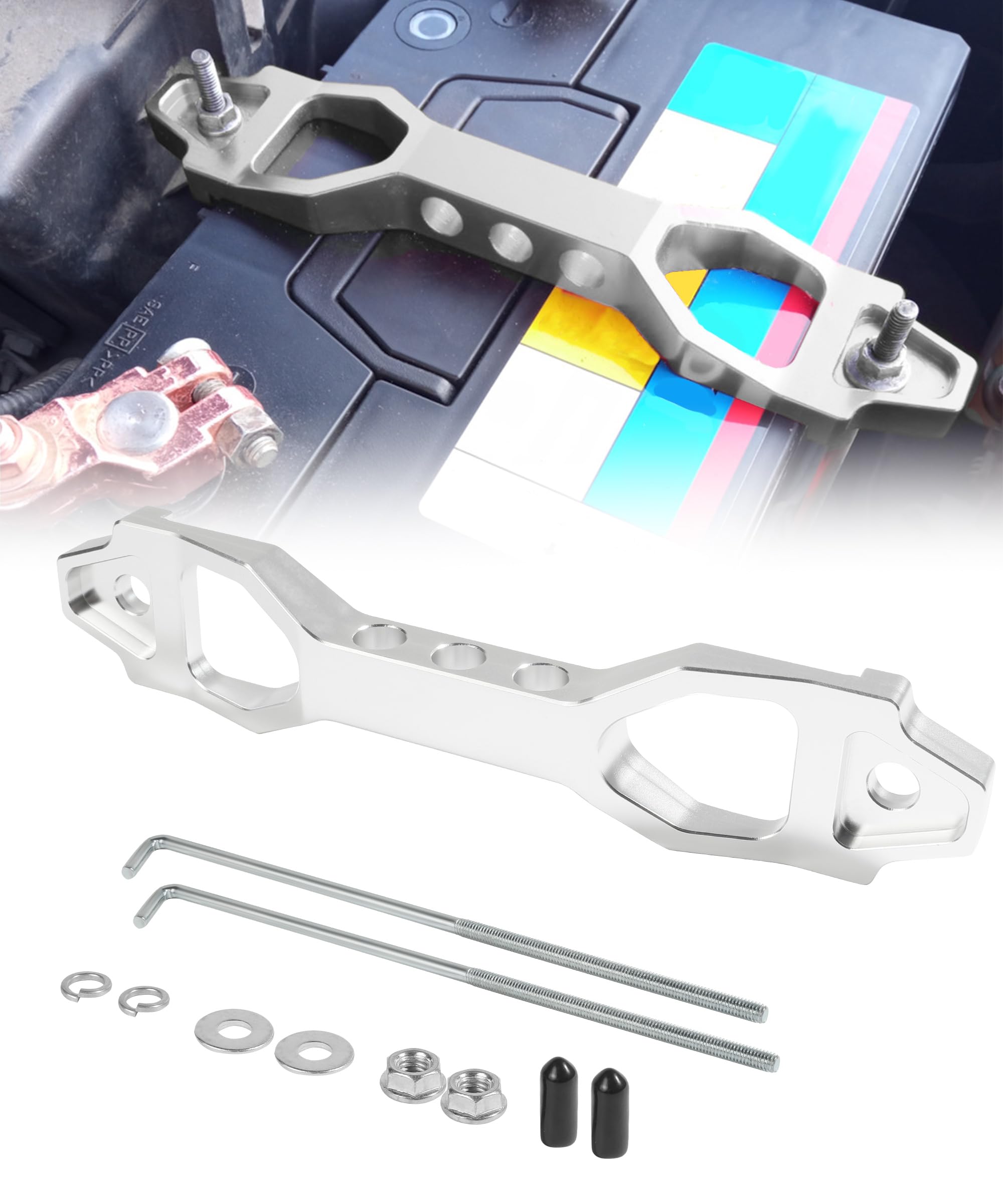 Photo 1 of UBOG Battery Tie Down Kit, Car Accessories Bracket, Aluminium Alloy Hold Down With Galvanized Iron J Bolts, Fits Most Vehicles (Silver)