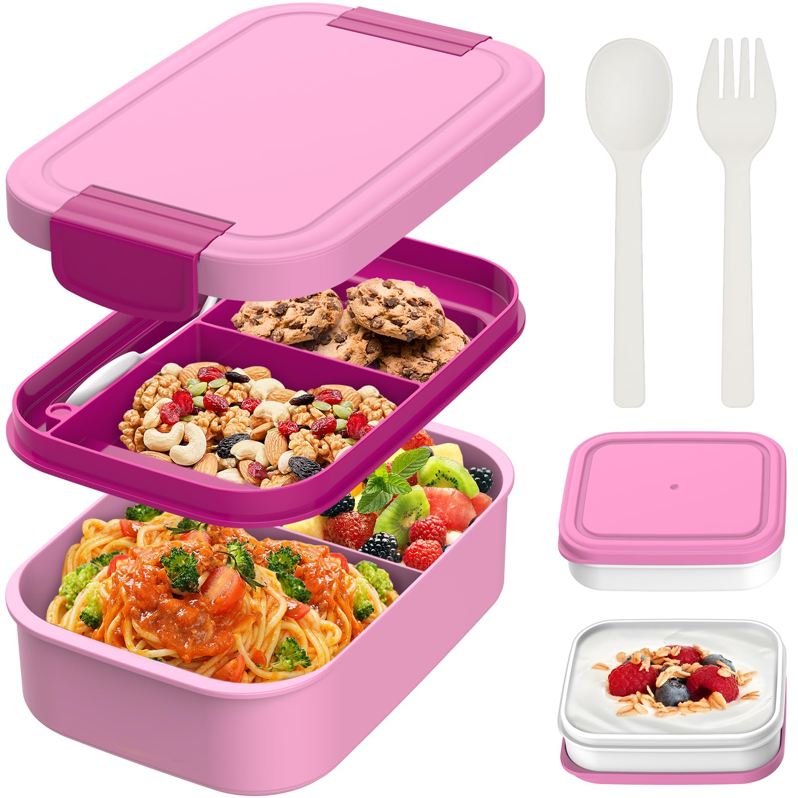 BIBURY Lunch Box, Upgraded Leakproof Bento Box for Kids Adults, Lunchbox with 4 Compartments, Cutlery and 2 Sauce Pot Set, BPA Free, Microwave and Dishwasher Safe Snack Box Sandwich Box, 1.9L, Pink
