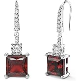 18K White Gold Plated Sterling Silver Square Princess Cut Cubic Zirconia Dangle Earrings for Women CZ Diamond Drop Dangling Earrings for Women (Red)
