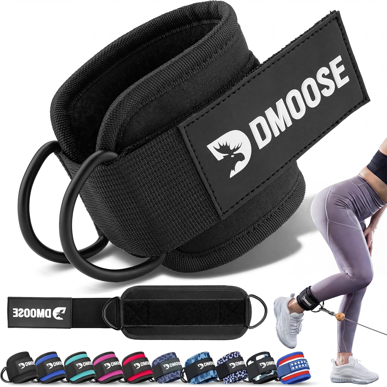 DMoose Fitness Ankle Straps For Cable Machines, Kickback & Lower Body Exercises - One Size Fit with Premium Padding & D-Ring, Gym Cuffs for cable machine attachments - Ankle Strap for Hip Abductors