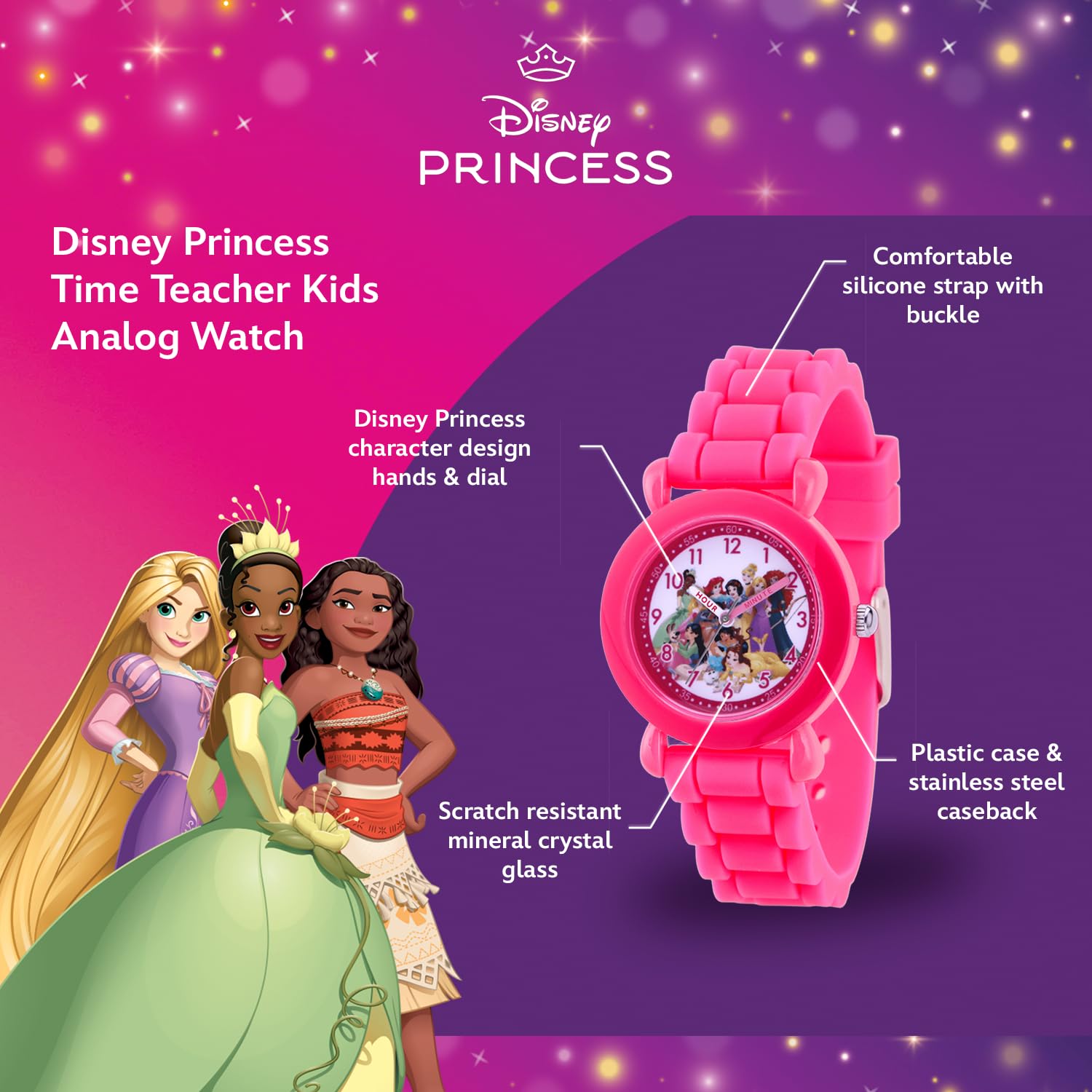 Disney Princess Watch for Girls – Kids' Princess Watch with Pink Plastic Case & Purple Silicone Strap – Gift for Girls Age 4-7, Toddler Watches, Cute & Durable Kids’ Timepiece