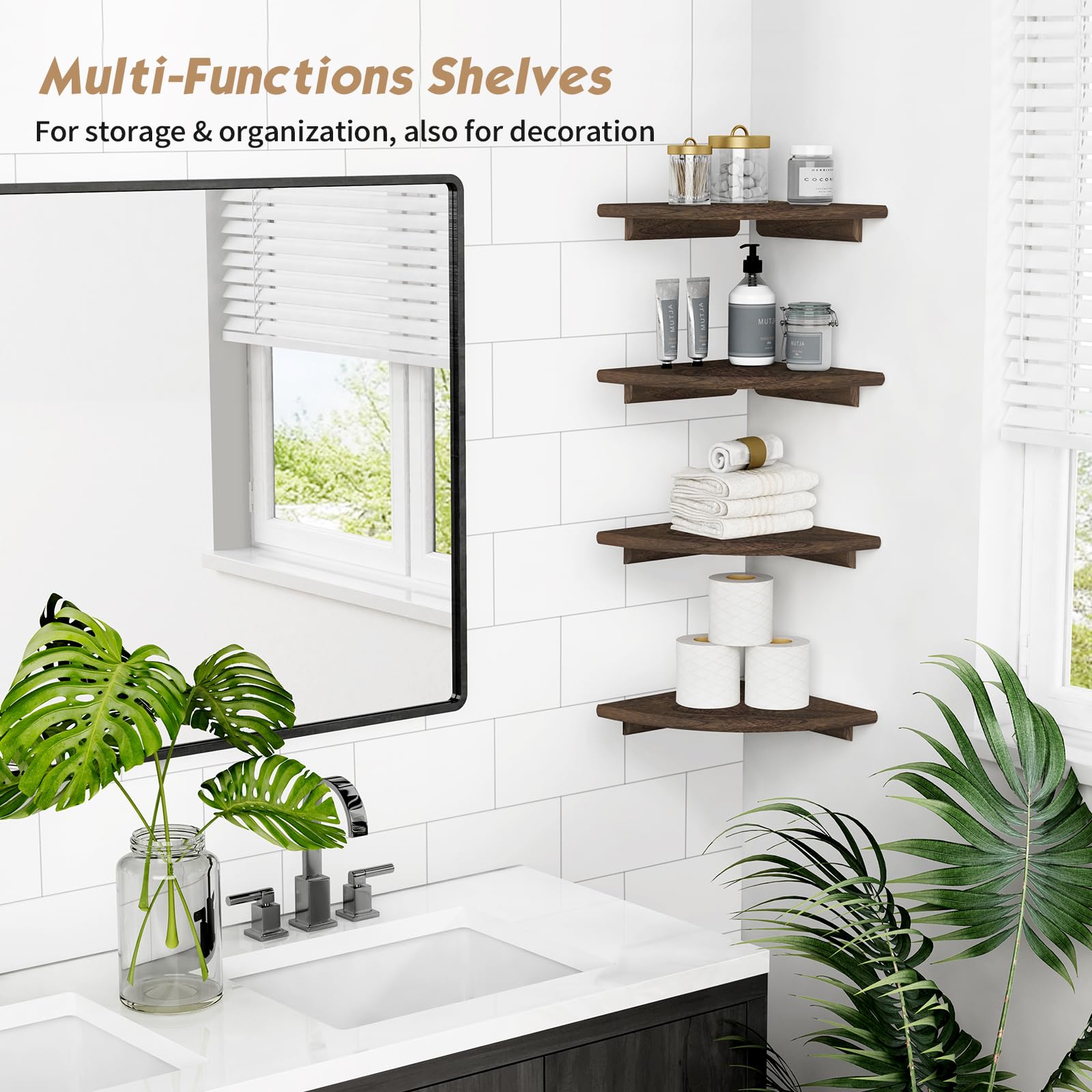 Forbena Floating Corner Shelves for Wall Set of 4, Small Corner Bookshelf for Bedroom Books, Round Wooden Corner Shelf Wall Mount for Bathroom Plants, Kitchen, Living Room Decor (Dark Brown)