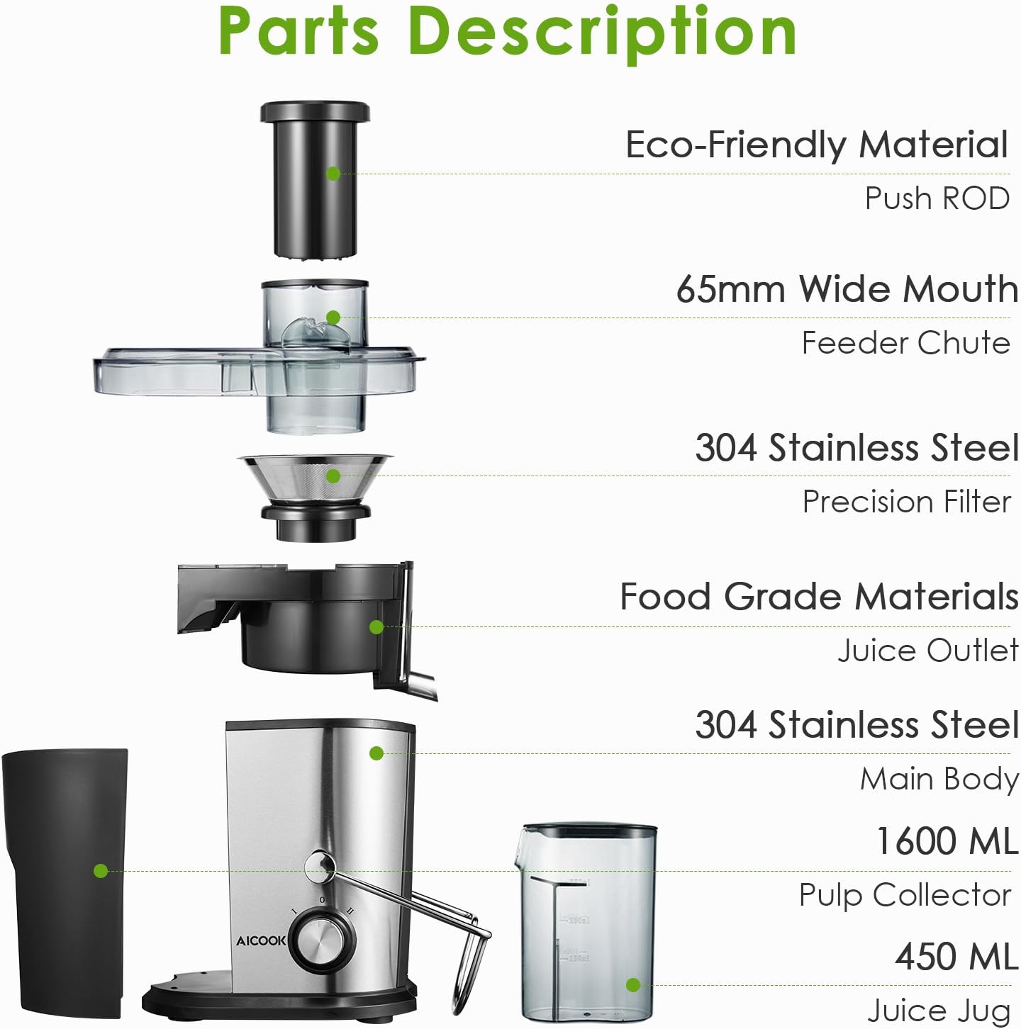 Juicer Extractor, Aicook 600W Juicer Machines Wide Mouth, BPA Free