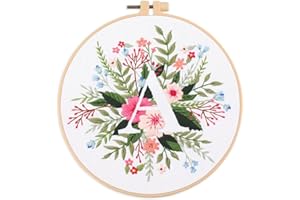 IUHUI Embroidery Kit for Beginners Adults - 26 Floral Letters Easy Patterns, DIY Hand Stitching Embroidery Set with Hoop (Flo