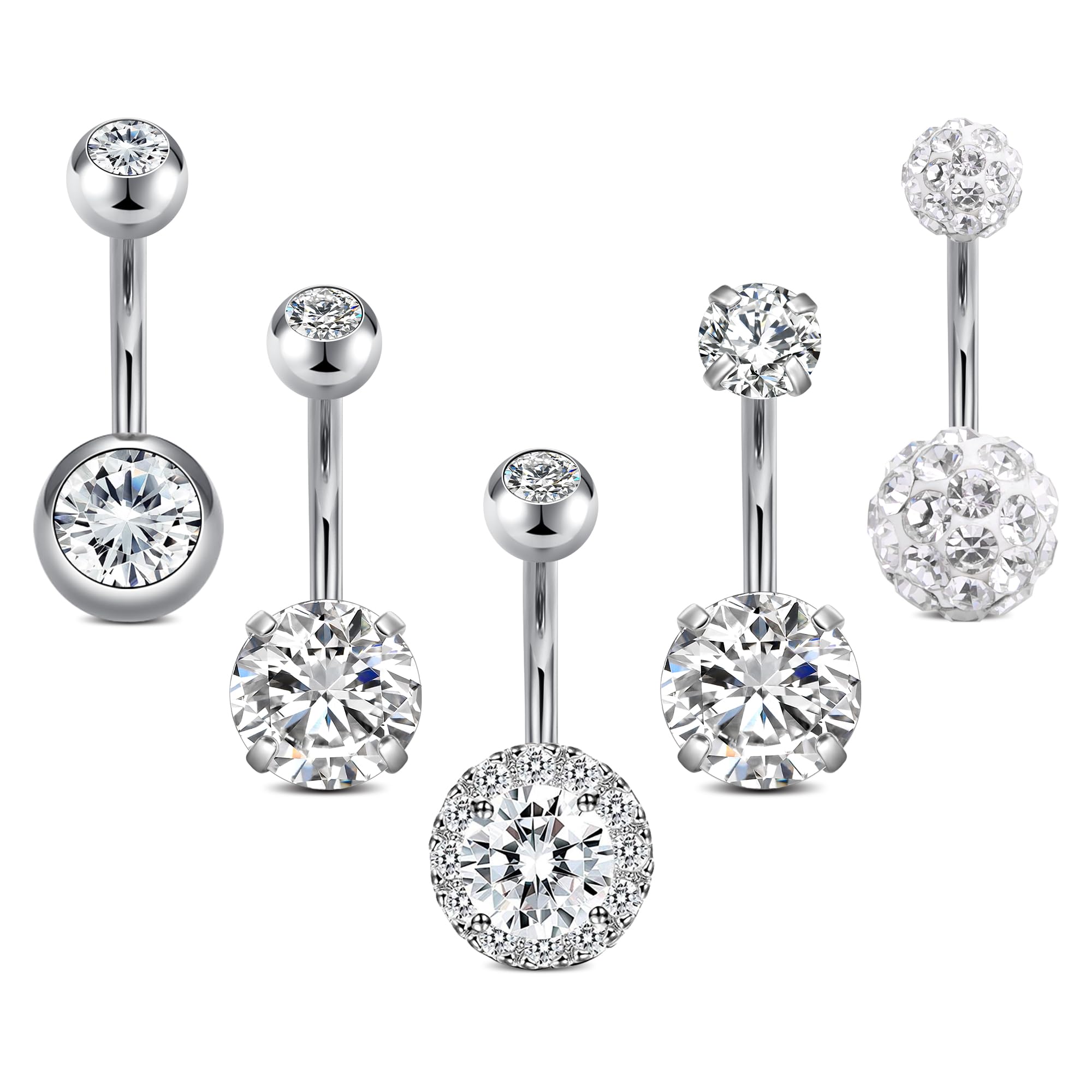Crdifu 5Pcs Belly Button Bars, Silver Belly Bar, 316L Stainless Steel Belly Bars, 14 Gauge 10mm Belly Button Piercing, Basic Navel Jewellery Barbell Set Clear Cubic Zirconia, Everyday Essentials Pack
