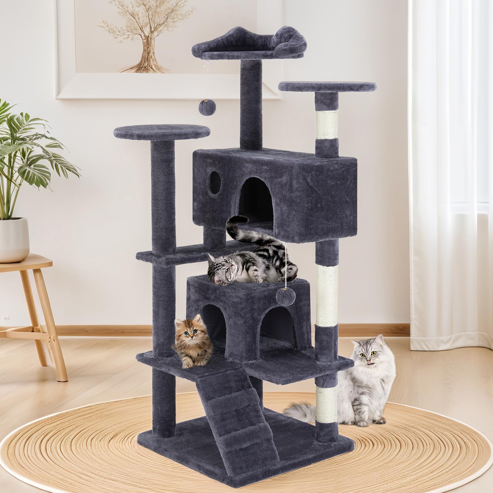 Sweetcrispy 54 Inch Cat Tree Tower, Multi-Level Tower with Cat Scratching Post, Indoor Cat Condo with Climbing Ladder, Plush Toy, Play House for Cat, Dark Grey Image