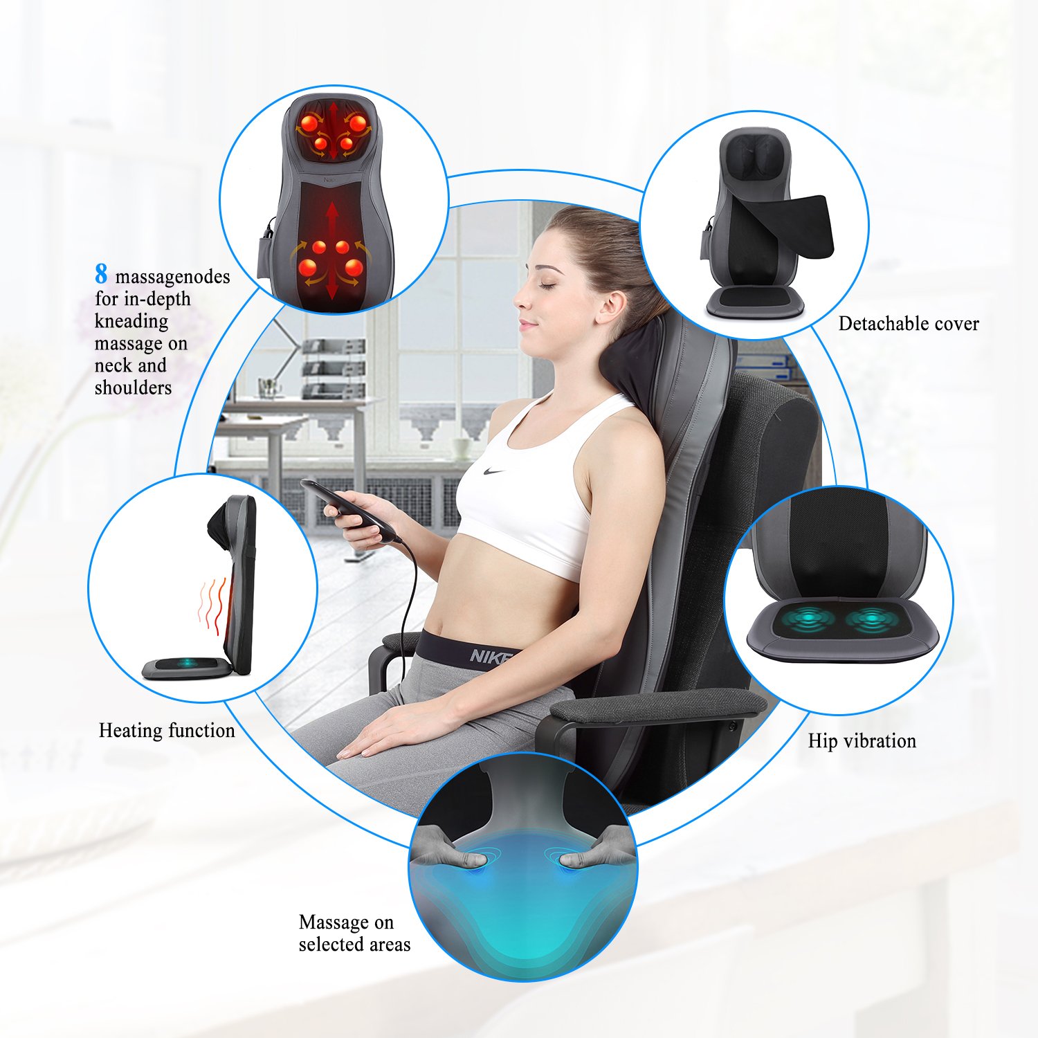 Naipo Back and Neck Massager Shiatsu Massage Chair Seat Cushion with