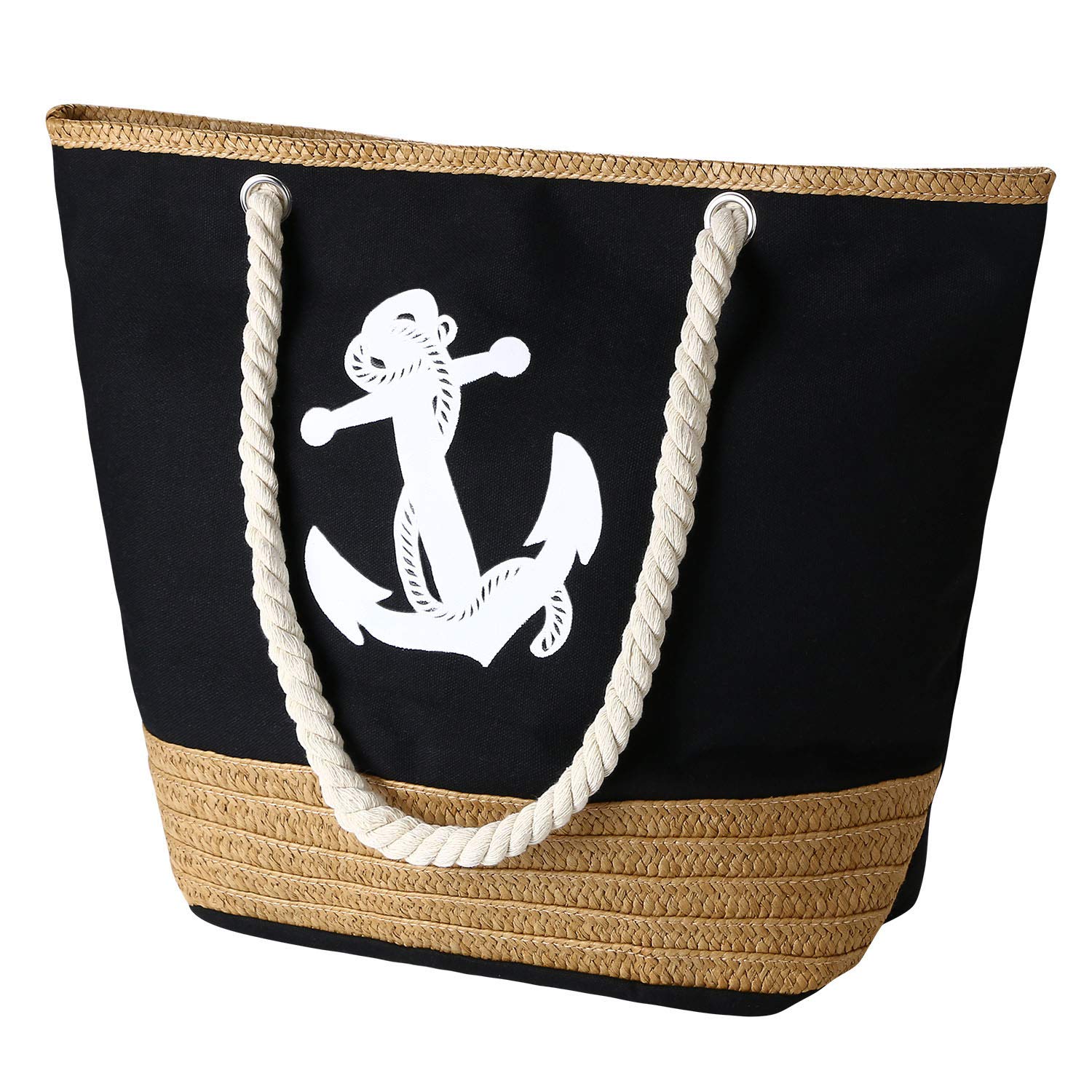 flintronic Women Beach Bag | Canvas Travel Tote Bag | Large Shoulder Bag with Rope Handle for Beach, Holiday, Shopping, Traveling (45cm*32cm*14cm) Anchor Pattern Design (Black)