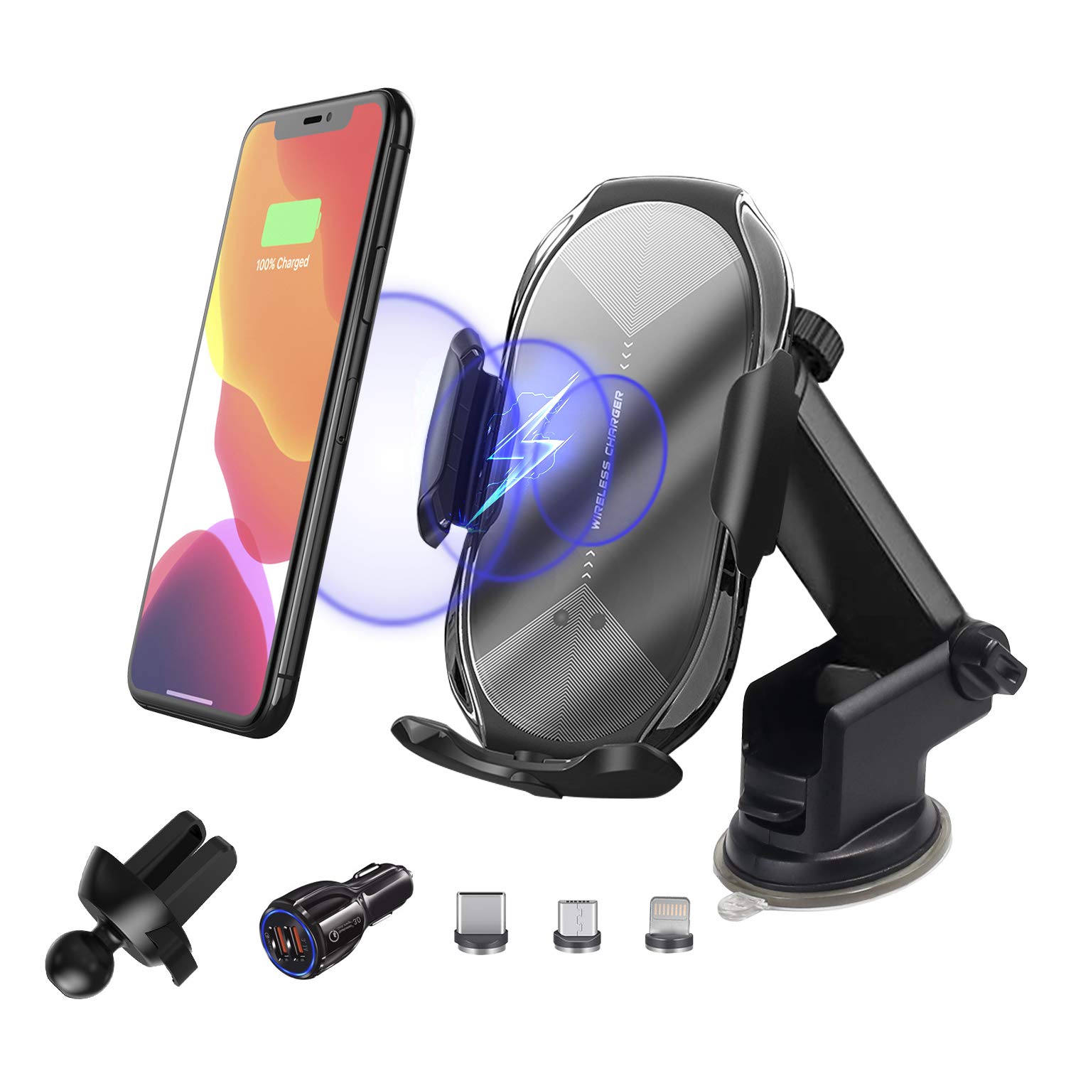 15W Wireless Car Charger, Qi Fast Charging Car Phone Holder Auto-Clamping Car Mount with QC 3.0 Car Charger & Magnetic Head Compatible with iPhone 12/11/10/SE/8, Galaxy S20/Note 10+/S10/S9/S8 phones