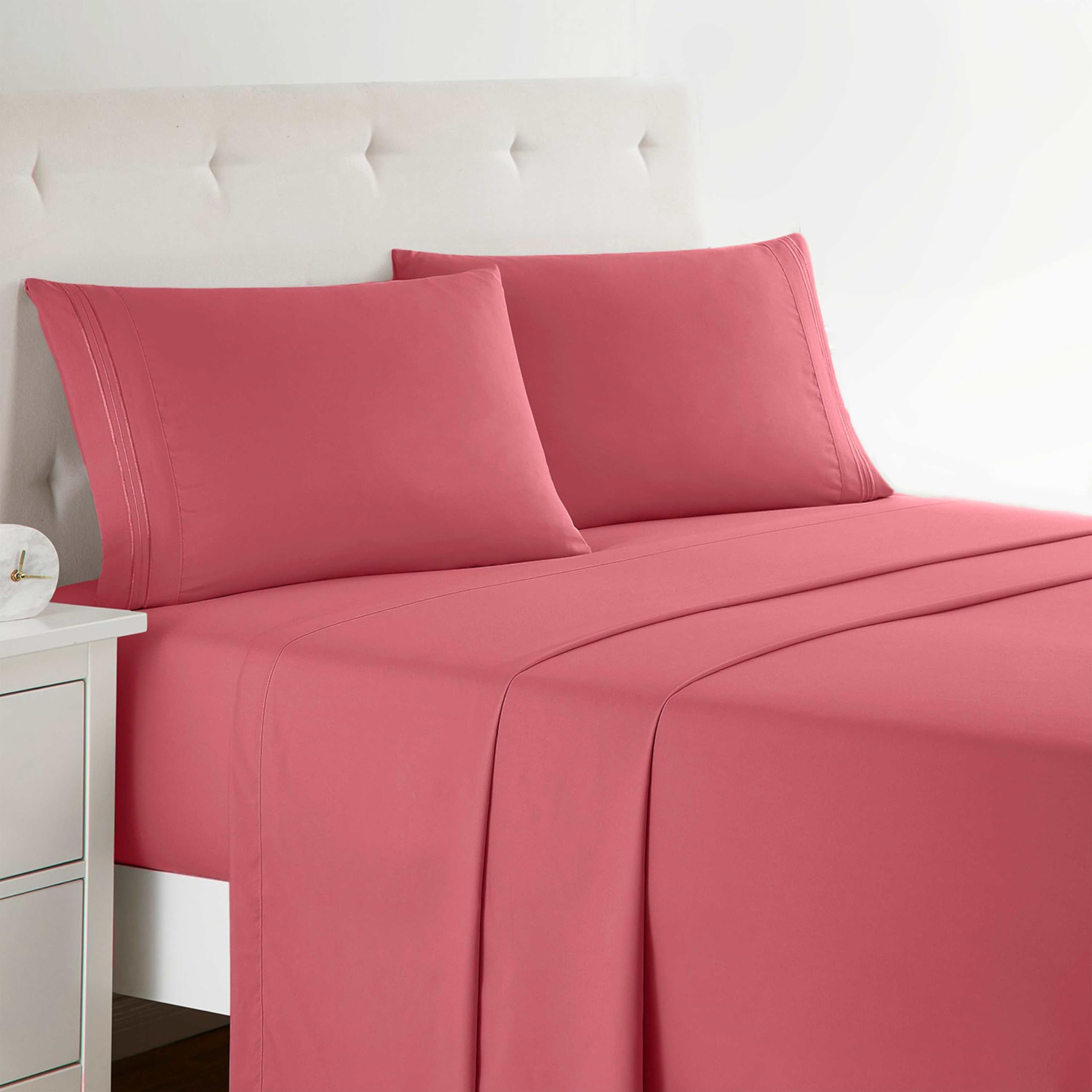 Clara Clark Bed Sheets, Premier 1800 Series 4 Piece Bed Sheet Set, Deep Pocket, Wrinkle, Fade, Stain Resistant, Luxury Soft Bedding Sheets & Pillowcases, Twin, Coral Pink