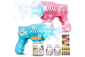 Reenovan Bubble Guns for Kids, 2 Pack Light Up Bubble Maker with 10-Hole, 2 Bubble Solution Bottles, 10 Bubble Refill, 8 Batt