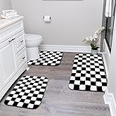 Uphome Bathroom Rugs Set 3 Piece, Black and White Checkered Bath Mat Set Non Slip Machine Washable, Soft Plush Microfiber Bathroom Mat with U Shaped Toilet for Tub, Shower