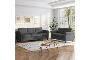 ZAFLY 2 Pieces Living Room Sofa Set, Sectional Couch and Loveseat Sets, Linen Sofa Couch Set with Gourd Shapes Wood Legs & Nailhead Trim Design, Sofas Couches for Living Room, Apartment - Dark Grey