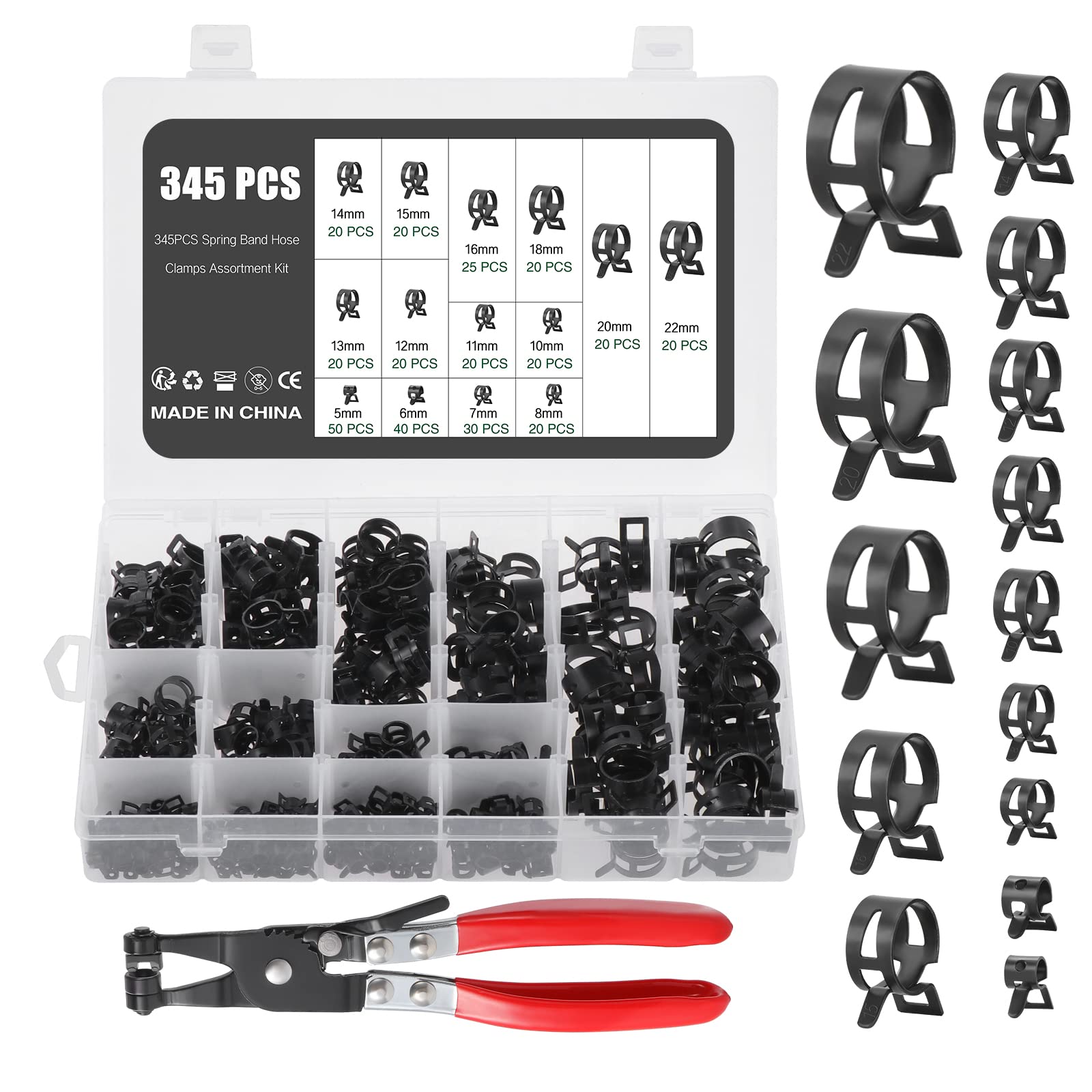 Knpwer 345 Pcs 14 Size Fuel Line Hose Clips Water Pipe Air Tube Silicone Vacuum Hose Clamp 5-22mm Fastener,with a Hose Clamp Pliers