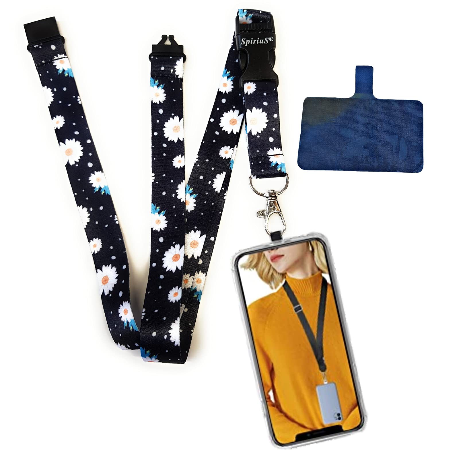SpiriuS Universal Phone Lanyard Neck Strap with Detachable Patch sticker Compatible with all Smartphones for iPhone Google Pixel LG HTC Huawei (Daisies in Black)