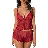 Kolagri Lingerie for Women Sexy Lace Pajamas Set Floral Sheer Sleepwear Mesh See Through Cami Shorts Set