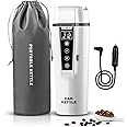 BLONGKY Portable Electric Car Kettle: 12V/24V Kettle Mini Water Boiler for Car Heated Travel Mug,Smart Precision Temperature Adjustment Coffee Tea Truck Cup with Handy Kettle Bag (White, 400ML)