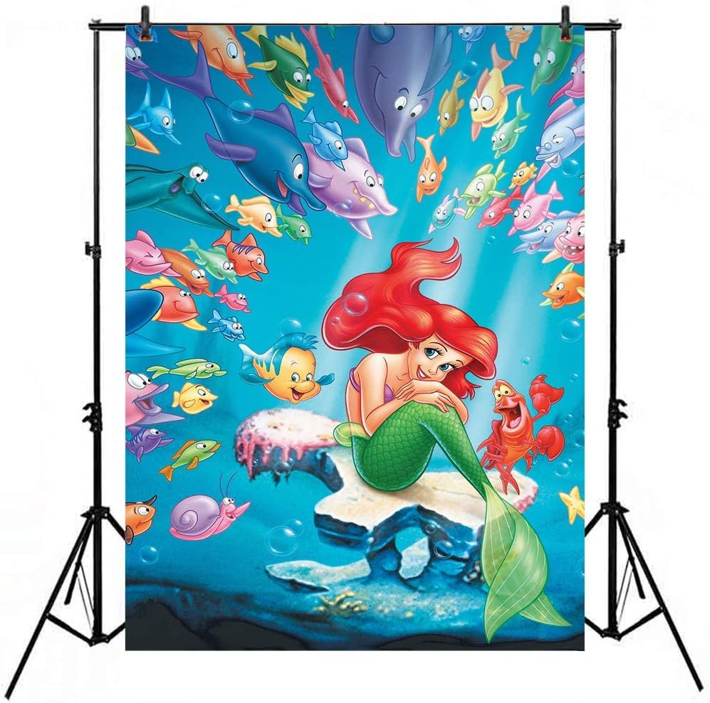 5x3ft Photography Background Under The Sea Mermaid Ariel Princess Backdrop for Girl 1st Birthday Colorful Ocean Fish Photo Background Desktop Banner