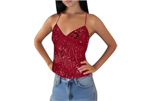 Women's Y2k Sparkly Sequin Beaded Halter Tops Sexy V Neck Low Cut Backless Embellished Tops Concert Party Outfits