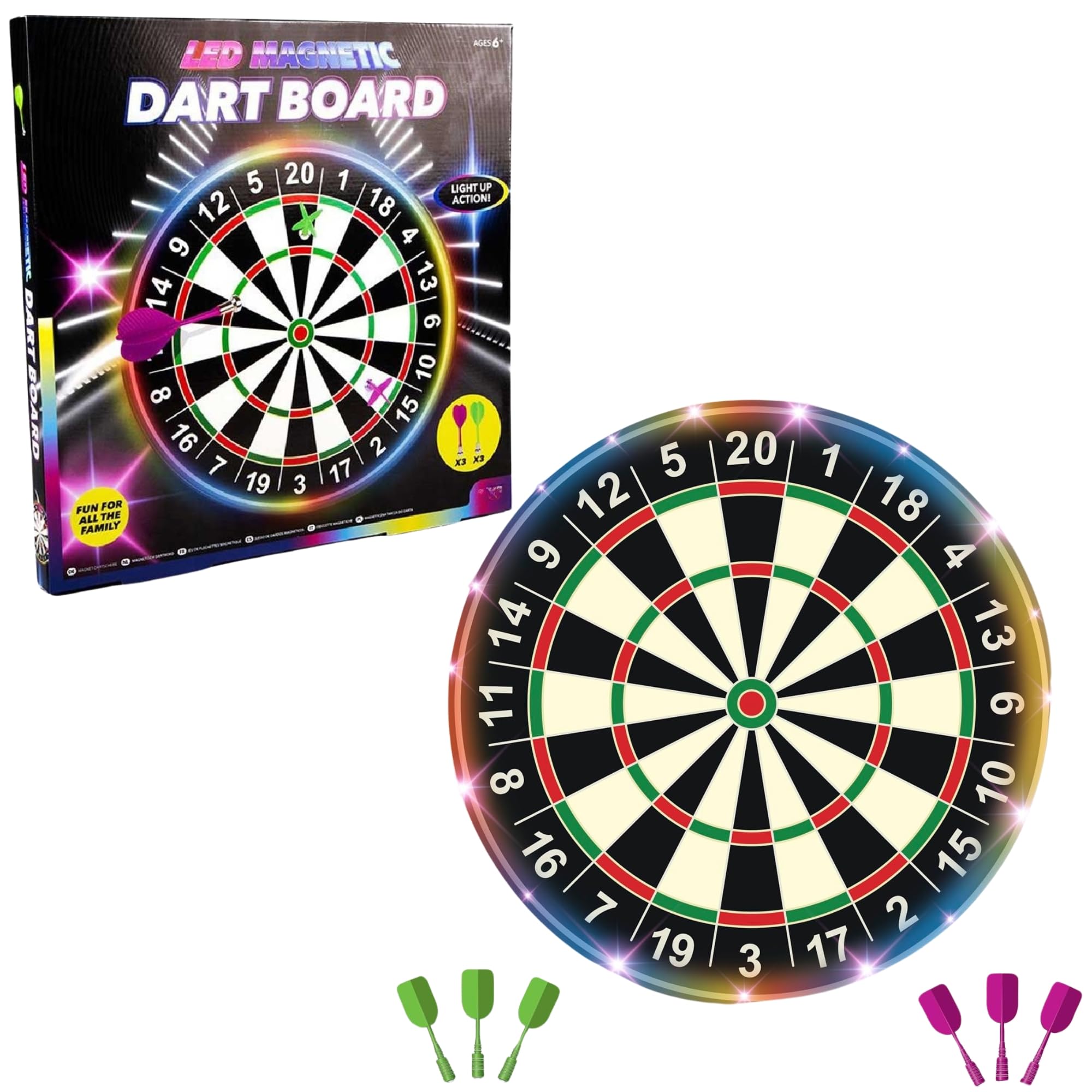 HTUK Led Magnetic Dart Board Set, Safe Dart Game for Kids with 6 Darts, 41cm Diameter