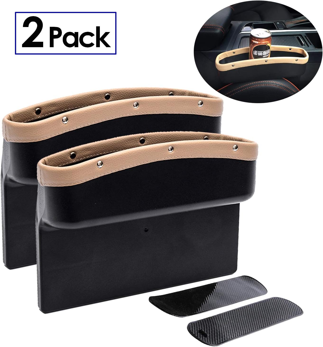TLitdr Car Seat Gap Filler Organizer,2 Pack PU Car Gap Filler Non-Slip Organizer with 2 Non-Slip Mat Multi-Functional Storage Box for Cellphone Wallet Coin Key (Black/Beige)