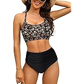 GVAOO Women's High Waisted Bikini Sets Sporty Scoop Neck Cross Back Bathing Suit Two Piece Swimsuits for Women