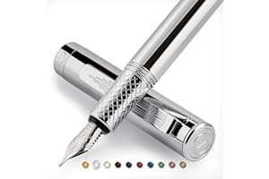 Scriveiner Silver Chrome Fountain Pen (Medium), Award Winning Luxury Pen, Heavy Pocket Pen, Chrome Finish, Schmidt Nib, Converter, Best EDC Writing Pen Gift Set for Men & Women, Nice Office Fancy Pen