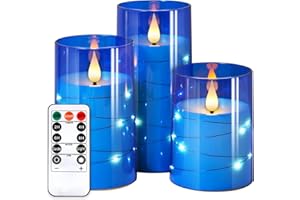 NURADA Flickering Flameless Candles: 3D Wick Built-in Star String Lights Acrylic Unbreakable Battery Operated LED Pillar Candles with Remote and Timer - 3 Pack for Wedding Valentine's Day Decor