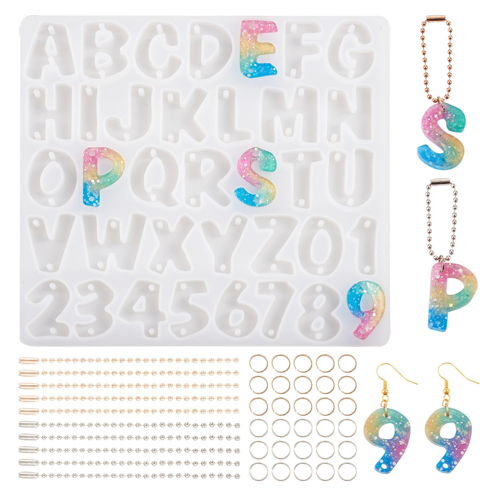 PandaHall 1pc Letter A~Z Silicone Molds Number 0~9 Casting UV Epoxy Resin Molds Connector Charms with Jump Rings Ball Chains for Epoxy Crafts Jewelry Making