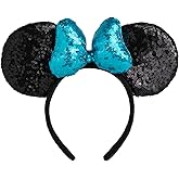 CHuangQi 1pcs Mouse Ears Shiny Headband with 3D Bow, Double-sided Sequin Hair Band for Birthday Party or Amusement Park (3D Lightblue Bow)