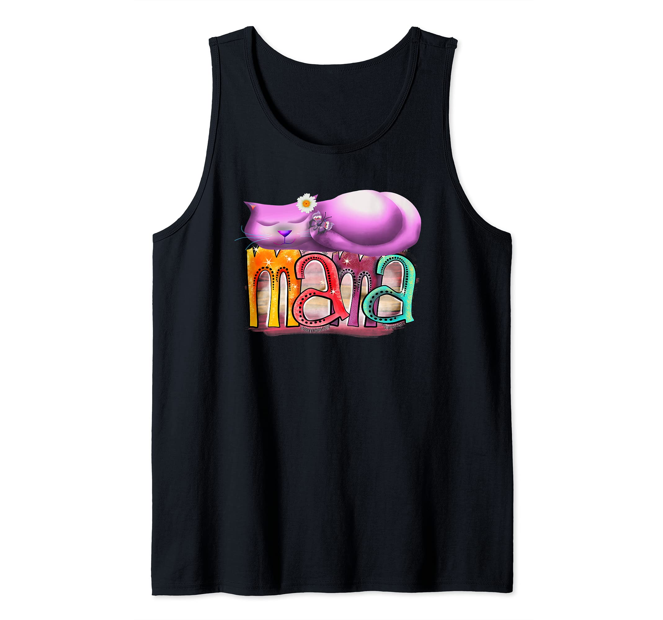 Cat Mama Cat Peace Sleeping Kitty Pink Flower Butterfly Tank Top