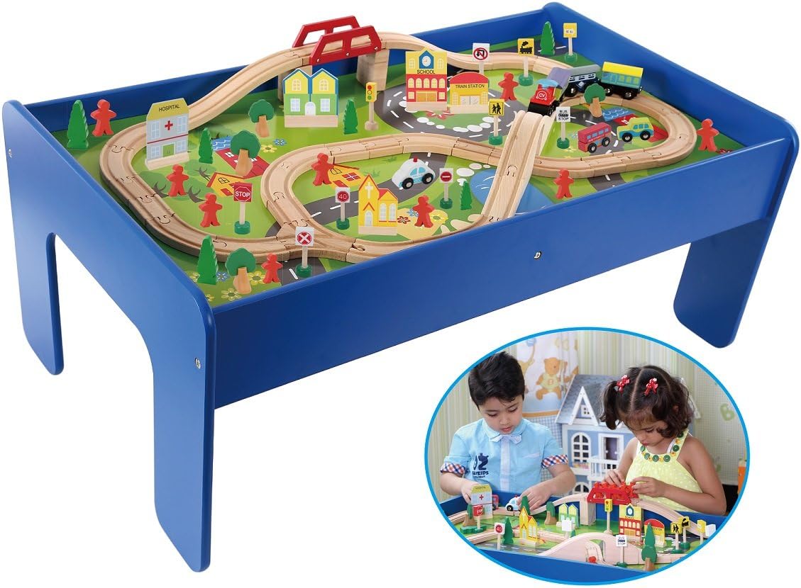 Wooden Toy Train Track / 90 Piece Creative Play Table Set Compatible with Other sets