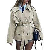 Lingswallow Cropped Trench Coat for Women Double Breasted Lapel Short Jacket Crop Coats with Belt