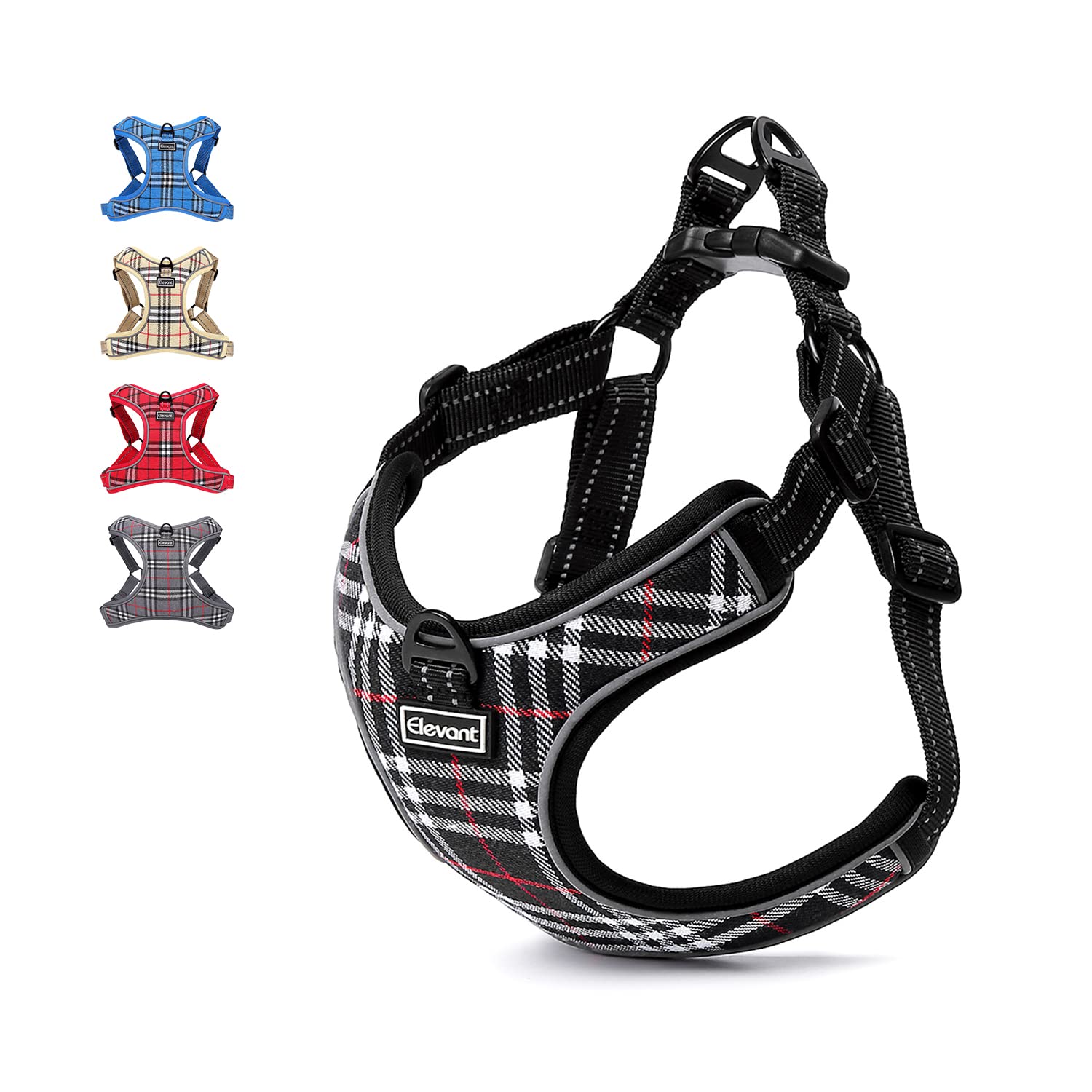 Elevant Adjustable Dog Harness, Step-in Reflective Breathable Durable Harness, Soft Padded Lightweight Vest Harness with Front Clip for Outdoor Walking Running (S, Black Plaid)