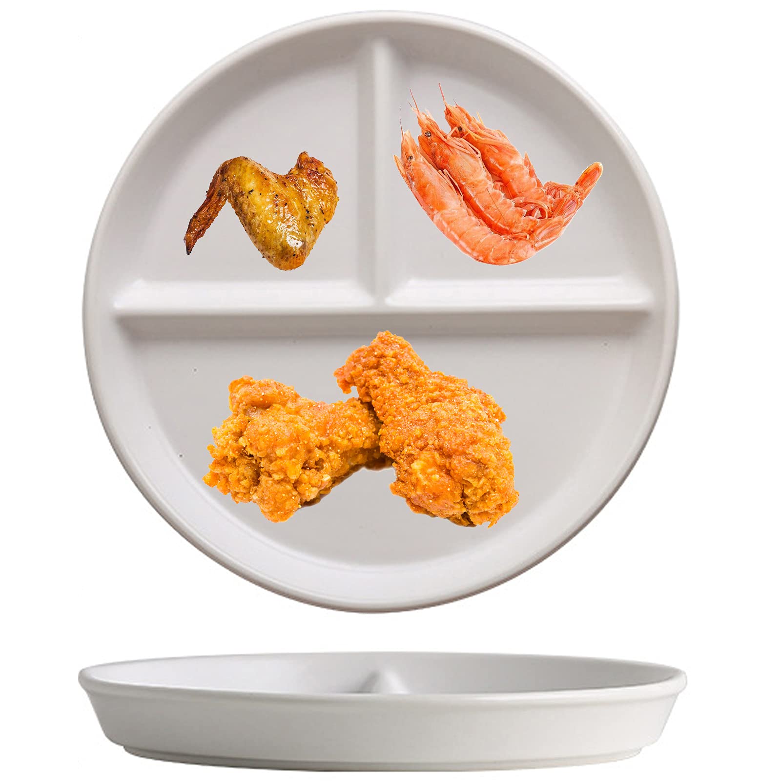 JMYDecor 8'' Perdurable Porcelain Dinner Plates,Divided Plate 3 Compartment Dinnerware Dish Set of 2 for Dinner and Salad, Restaurant, Family Party and Kitchen Use - Round