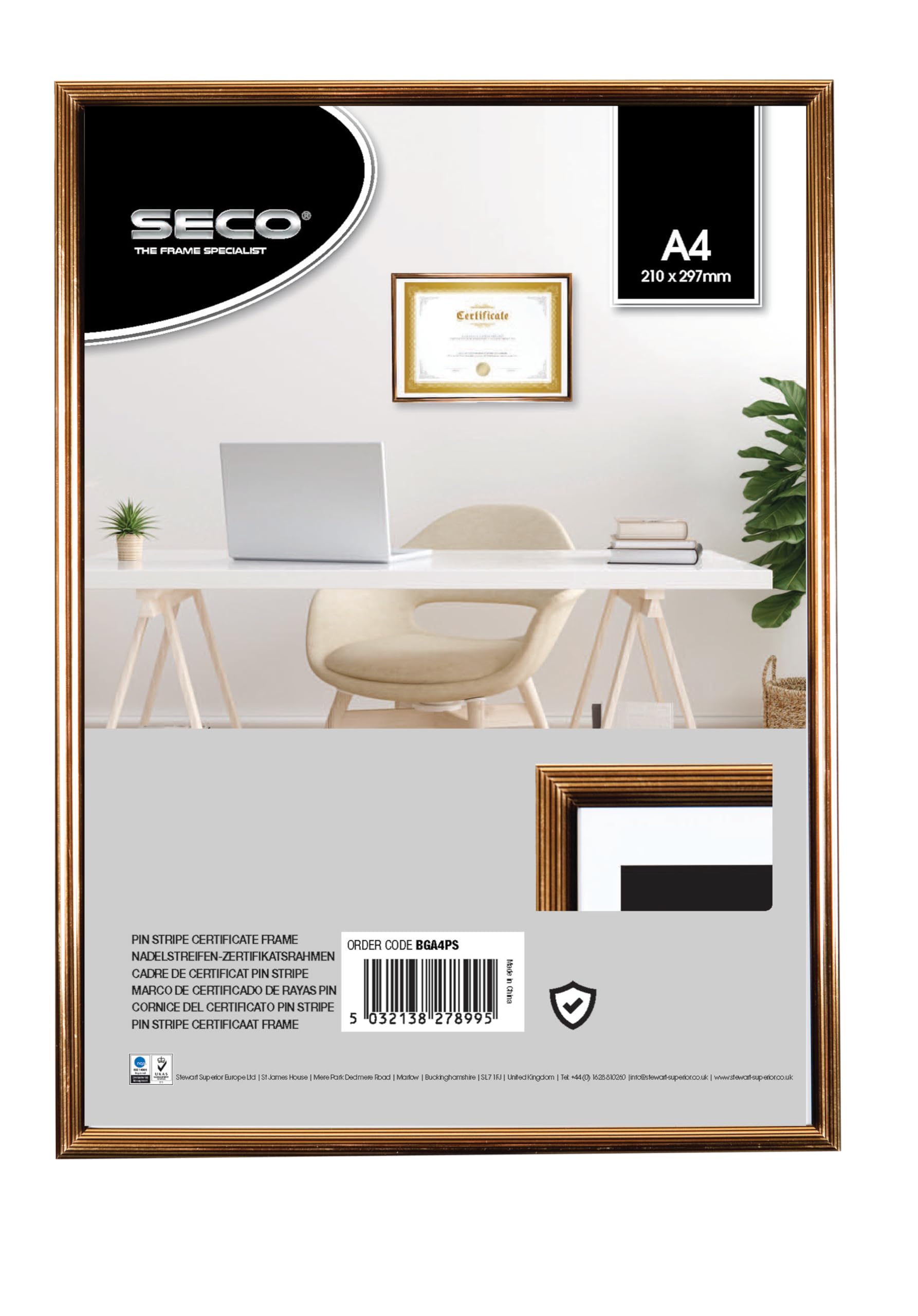 SECO A4 Pin Stripe Frame – Black & Gold Certificate, Photo & Picture Display with Perspex Safety Glass, Wall Mount or Table Top