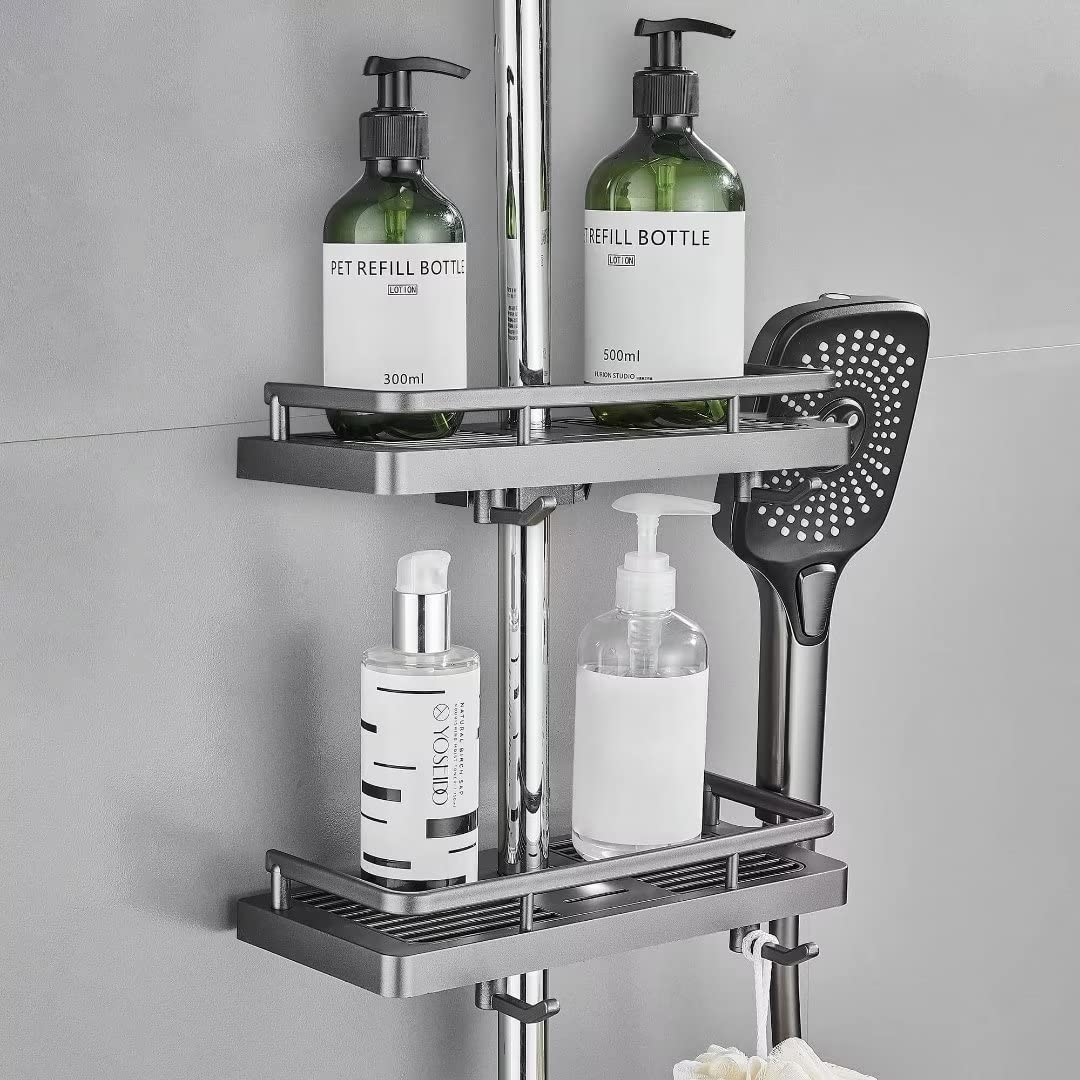 Hoomtaook Shower Caddy no Drilling Hanging Shower Shelves Shower Accessories Holders with 2 Hooks and Shower Head Hook for Suit [21mm-25mm] Rail 2 Pack Grey, Gray