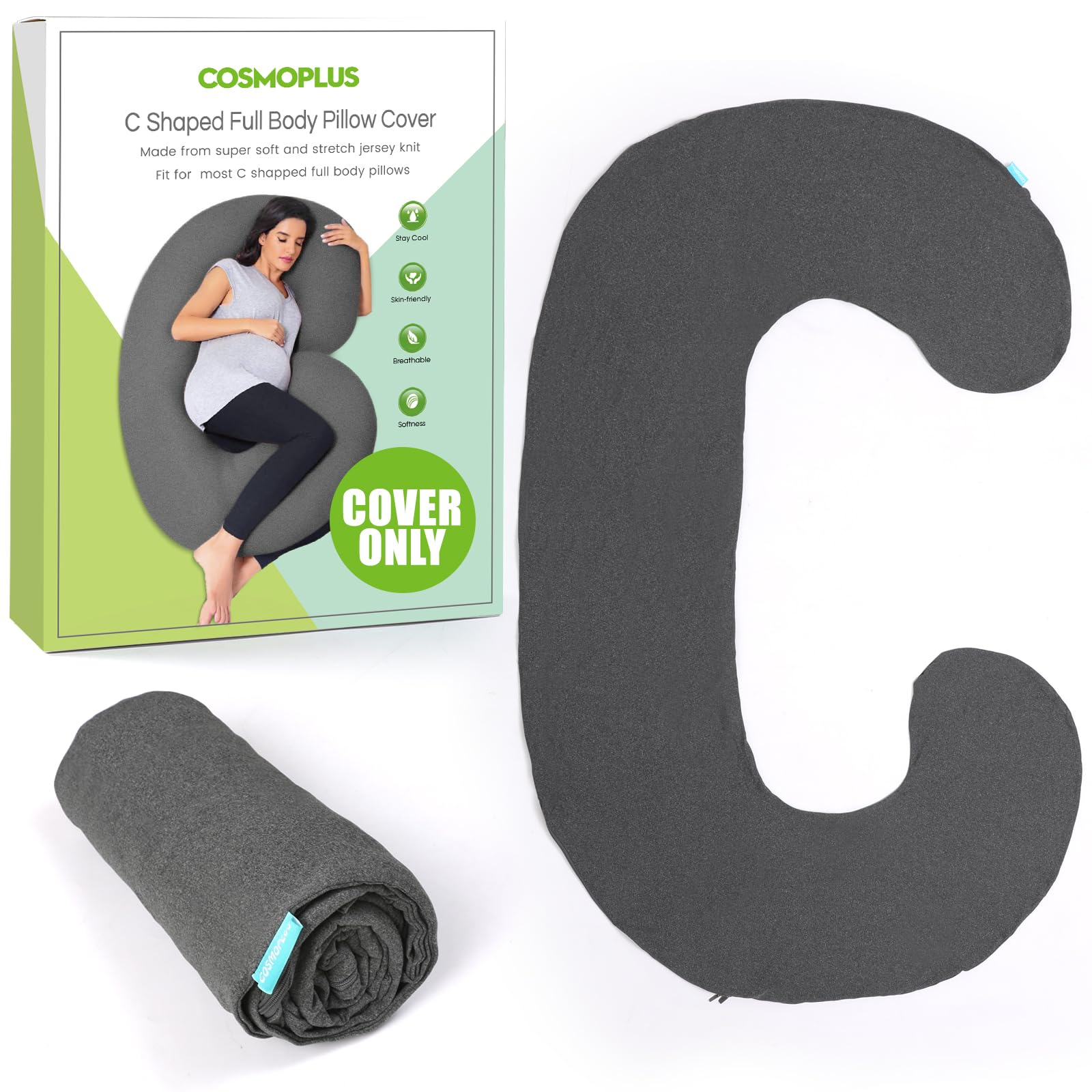 Photo 1 of ????????? ?????? ????? COSMOPLUS C Shaped Full Body Pillow Case ????? for Maternity,Stretchy Cool Breathable Jersey Fabric,Provides Sleep and Pregnancy Support,Heather Grey