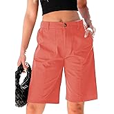 luvamia Bermuda Shorts for Women Knee Length High Waisted Cotton Elastic Waist Summer Dressy Casual Long Chino Shorts