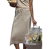 NJWTSDTZ Women Half Slip Long Skirts Lace Trim Satin Midi Skirt A Line Flowy Silky Maxi Skirt for Under Dress Streetwear