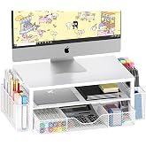 OPNICE Desk Organizer and Accessories, 2-Tier Computer Monitor Stand Riser with Drawer and 2 Pen Holders, Laptop Stand, Office Desk Accessories for Office Supplies, White