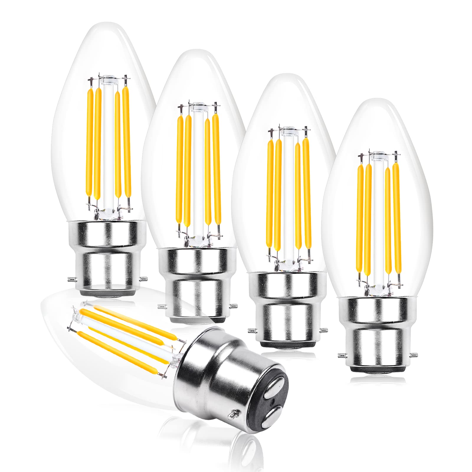 Luxvista C35 B22 LED Candle Bulb Dimmable, 4W Bayonet Cap BC Vintage Edison LED Filament Light Bulb 40W Incandescent Bulb Equivalent Warm White 2700K for Chandeliers Ceiling Light (5-Pack)