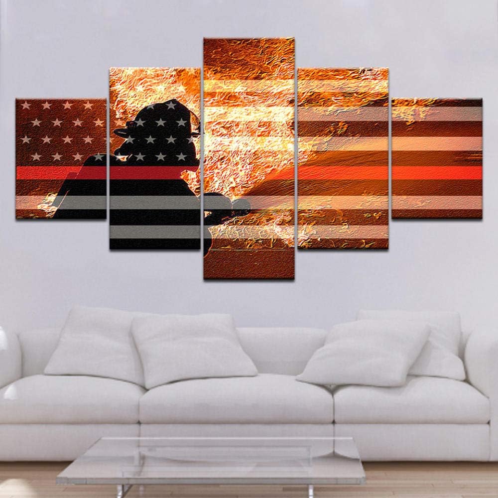 VKEXVDR 5 Teilig Leinwand Modern Wand Feuerwehr Amerikanische Flagge