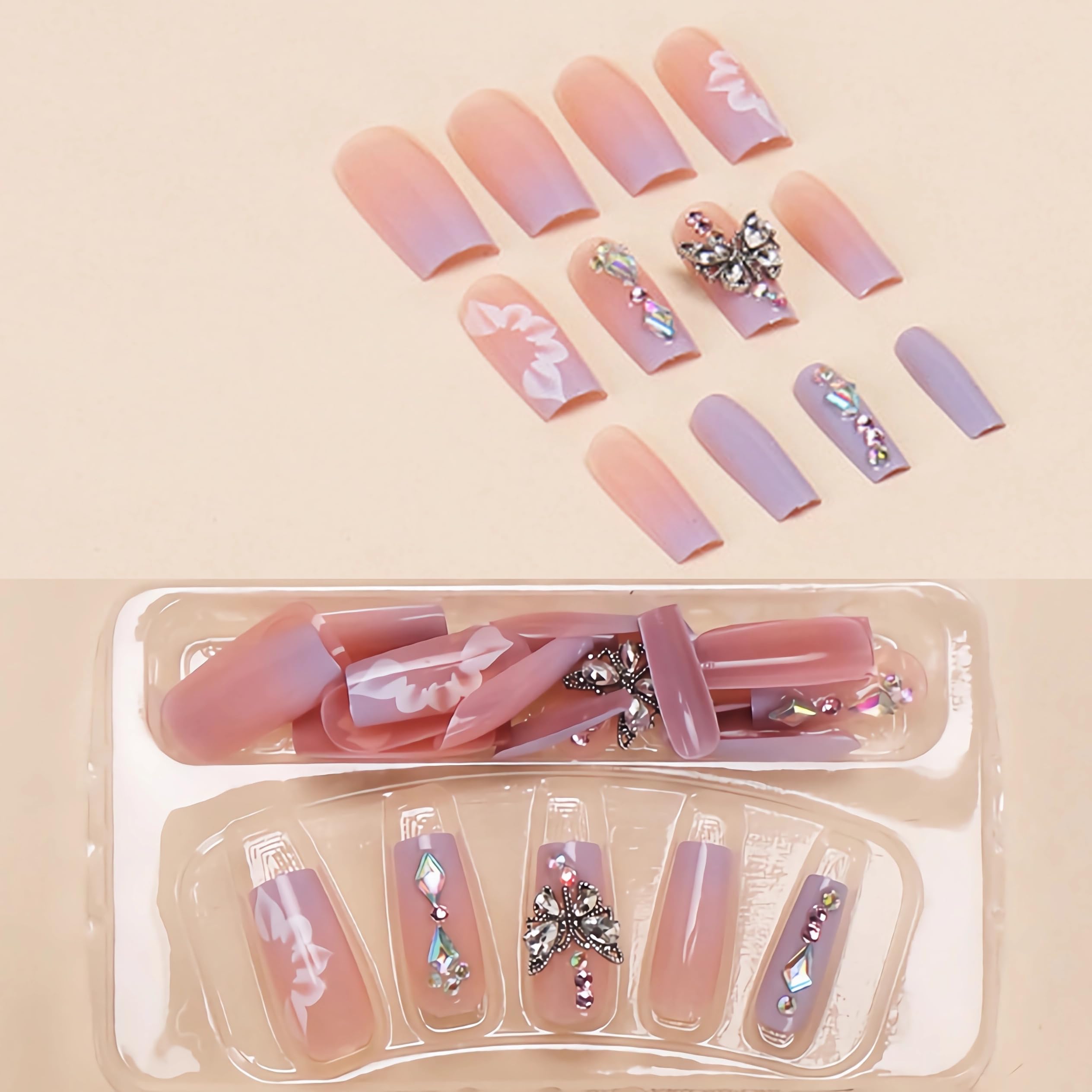 BABALAL Purple Press on Nails Long Square Fake Nails Butterfly Design Glue on Nails 3D Flower Charm Acrylic Nails 24Pcs Bling Squoval Luxury Full Cover False Nails - Image 3