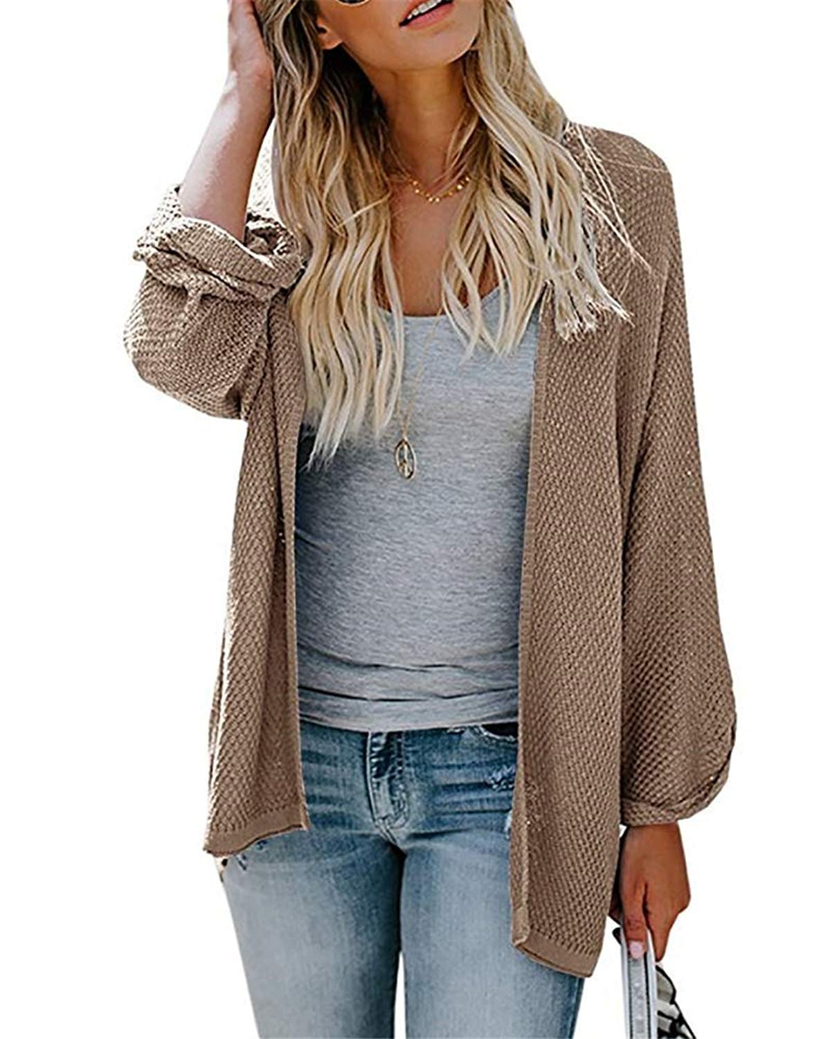 FIRENGOLI Womens Cardigan Sweaters Open Front Knit Drape Coats with Loose Pleated Cuffs