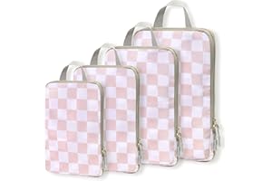 WOOMADA Compression Packing Cubes for Suitcases Travel Essentials 4 Set Expandable Travel Bags Organizer for Luggage(pink checkerboard)