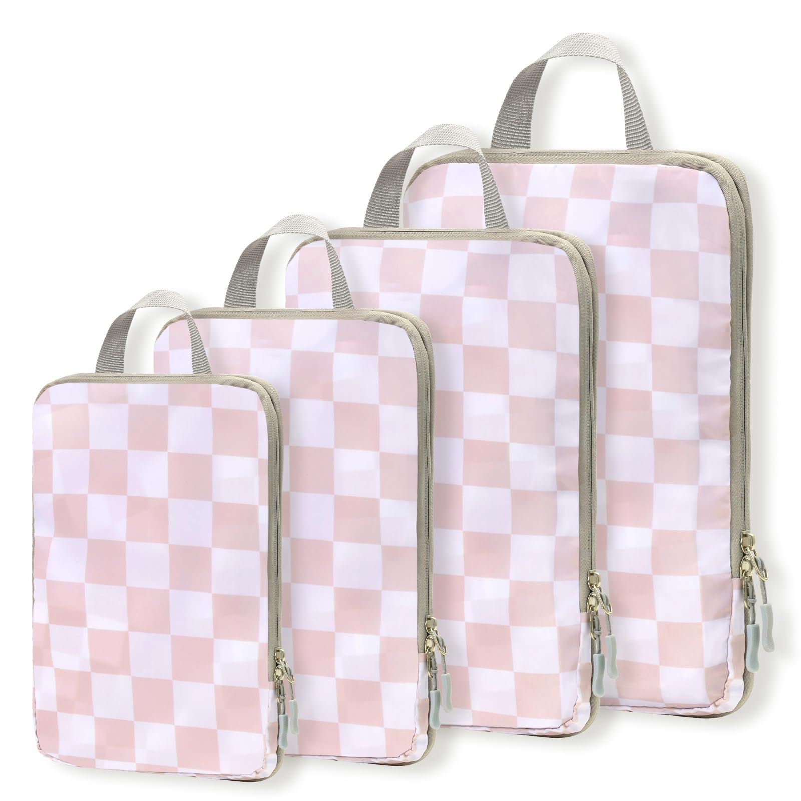 WOOMADA Compression Packing Cubes for Suitcases Travel Essentials 4 Set Expandable Travel Bags Organizer for Luggage(pink checkerboard)