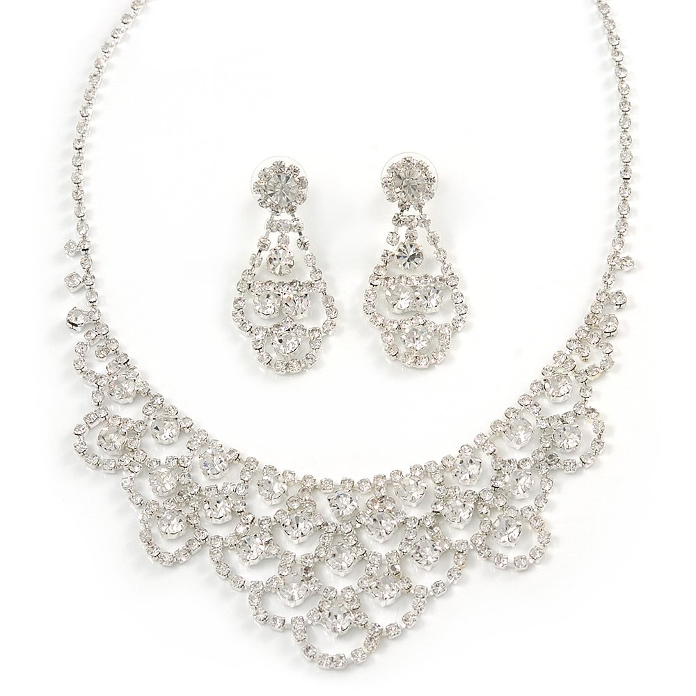 Avalaya Bridal Clear Crystal Lacy Bib Necklace And Drop Earring Set/Silver Tone/ 40cm L/ 10cm Ext