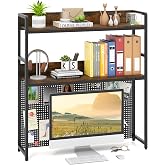 Giantex Desktop Bookshelf, 2-Tier Desk Hutch Dorm with Pegboard for up to 32" Computer Monitor, Industrial Countertop Storage Organizer Rack, Desk Shelf for Home Office, Rustic Brown